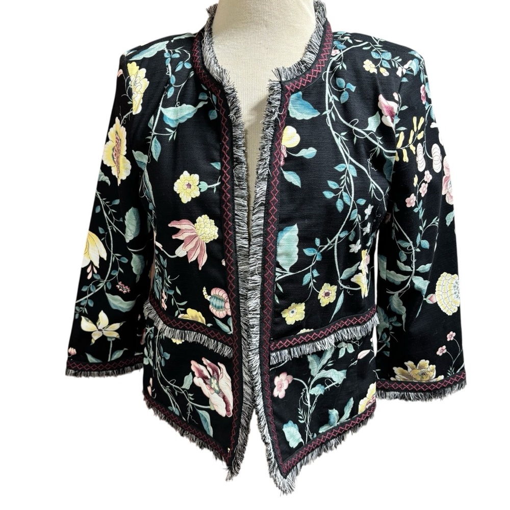 Loft Outlet Black Floral Fringe Trim Open Front Blazer Jacket Womens Size‎ 6